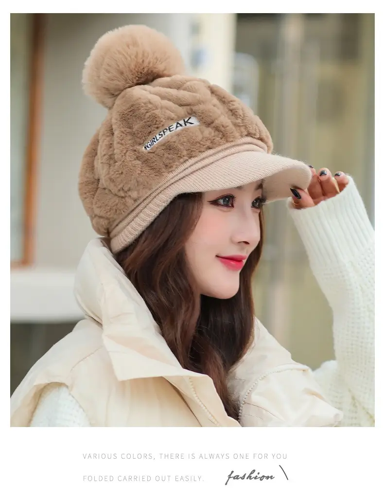 Women's Rabbit Fur Warm Winter Hat with Pom Pom — feature 19