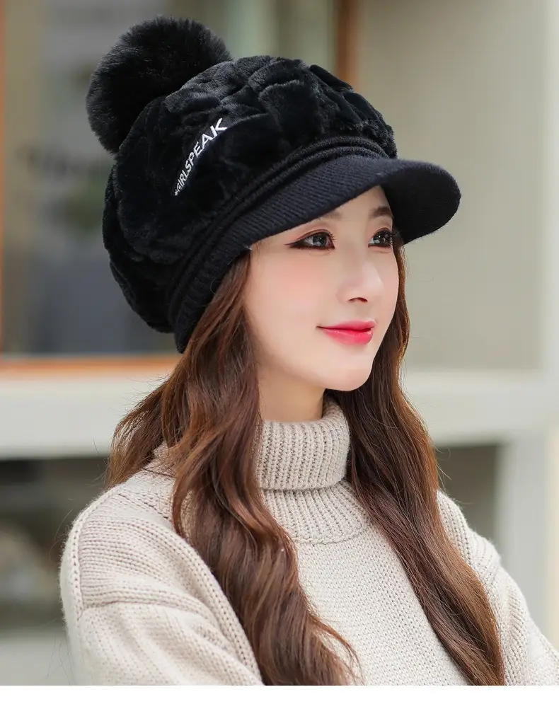 Women's Rabbit Fur Warm Winter Hat with Pom Pom — feature 2