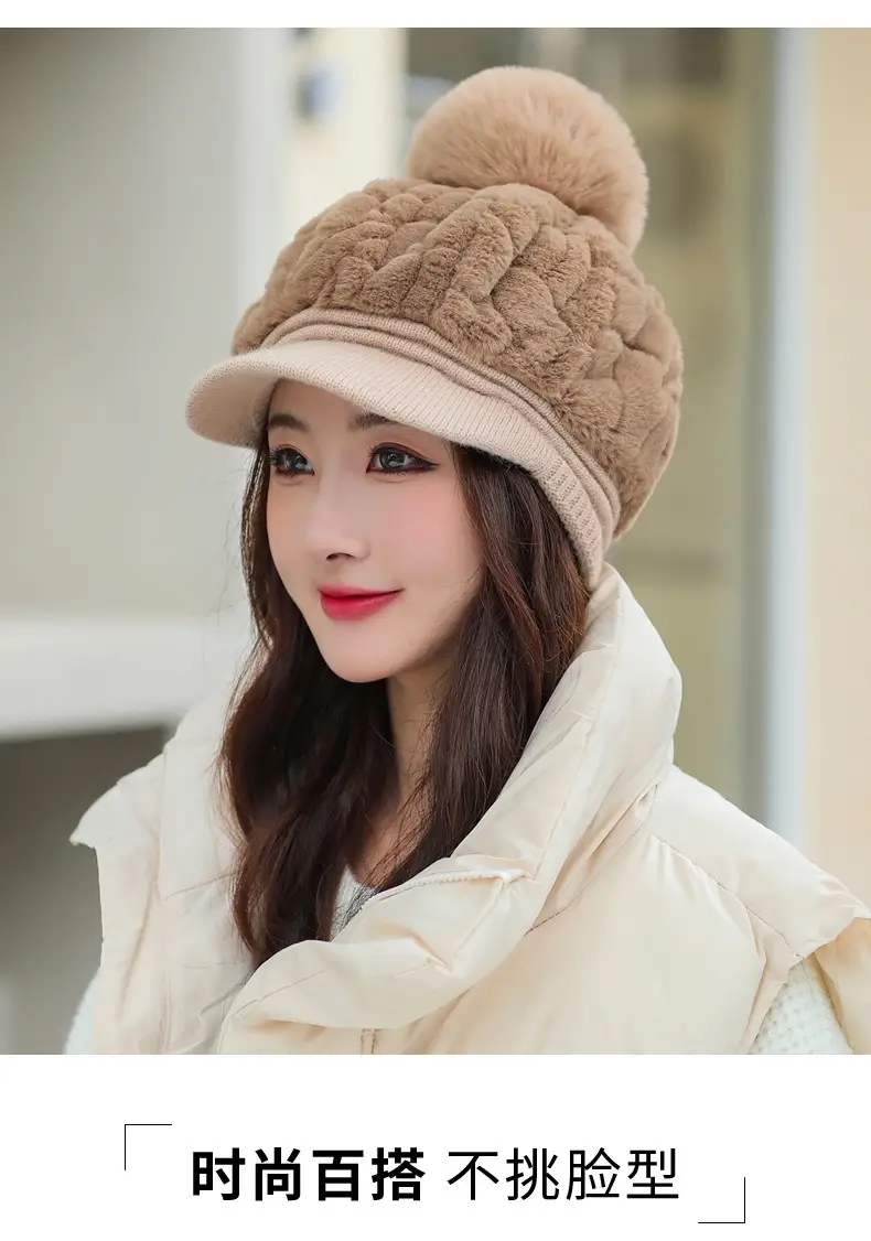 Women's Rabbit Fur Warm Winter Hat with Pom Pom — feature 4