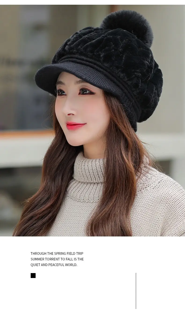 Women's Rabbit Fur Warm Winter Hat with Pom Pom — feature 8
