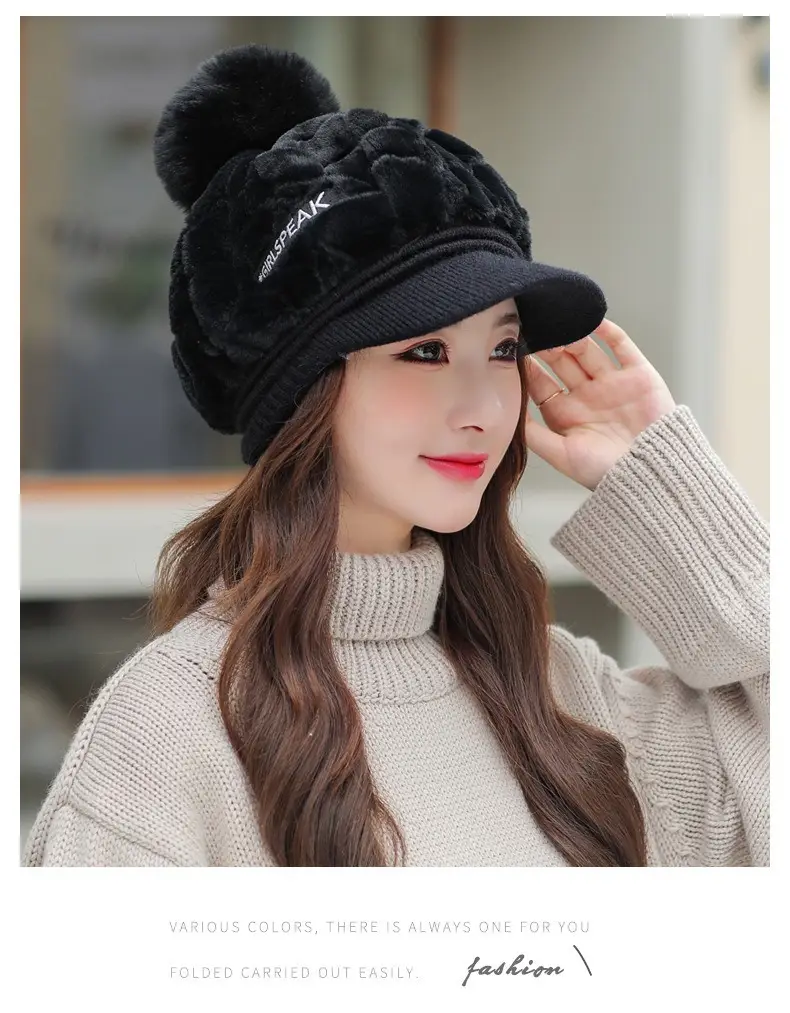 Women's Rabbit Fur Warm Winter Hat with Pom Pom — feature 9