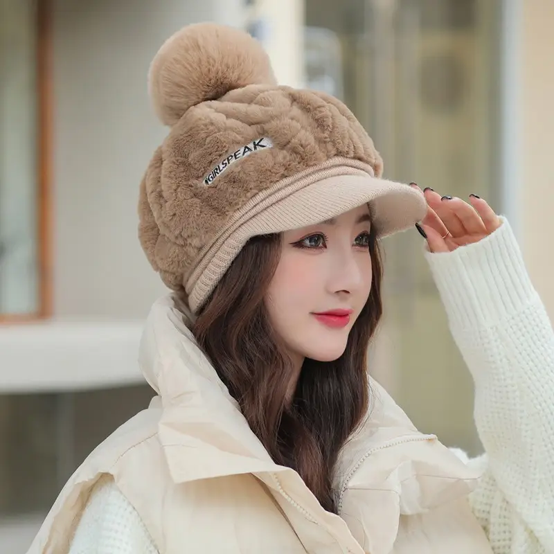 Women's Rabbit Fur Warm Winter Hat with Pom Pom - Image 5