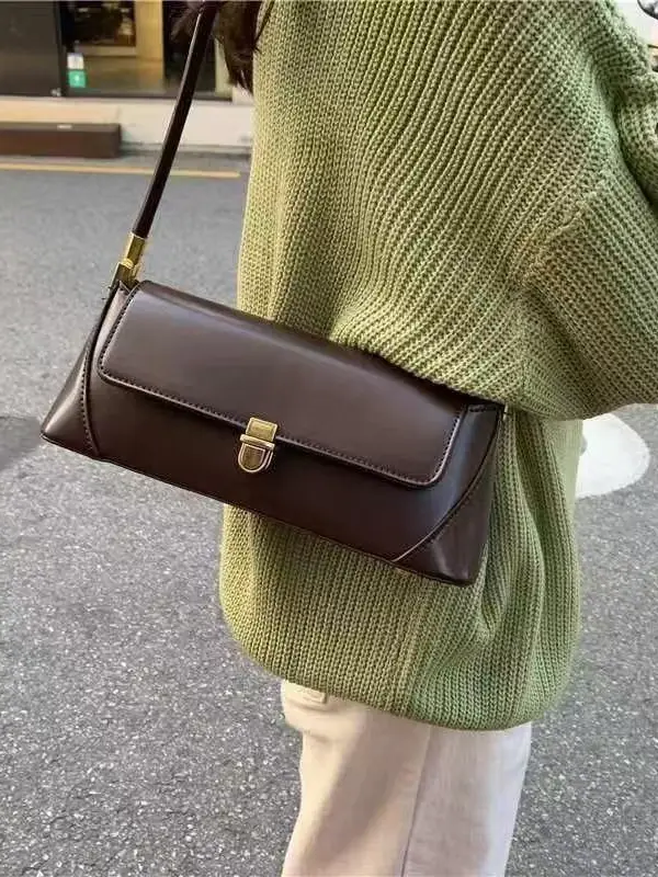 2026 Women's Brown Leather Shoulder Bag with Gold Clasp - Image 7
