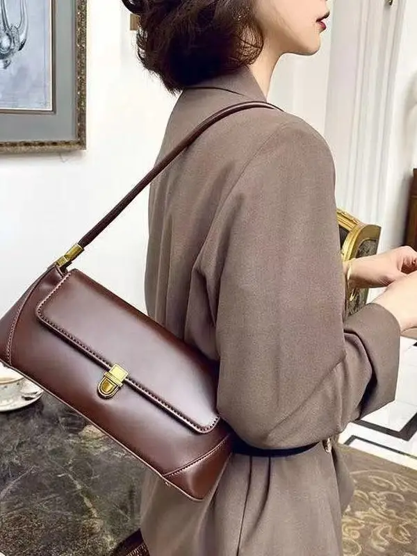 2026 Women's Brown Leather Shoulder Bag with Gold Clasp - Image 8