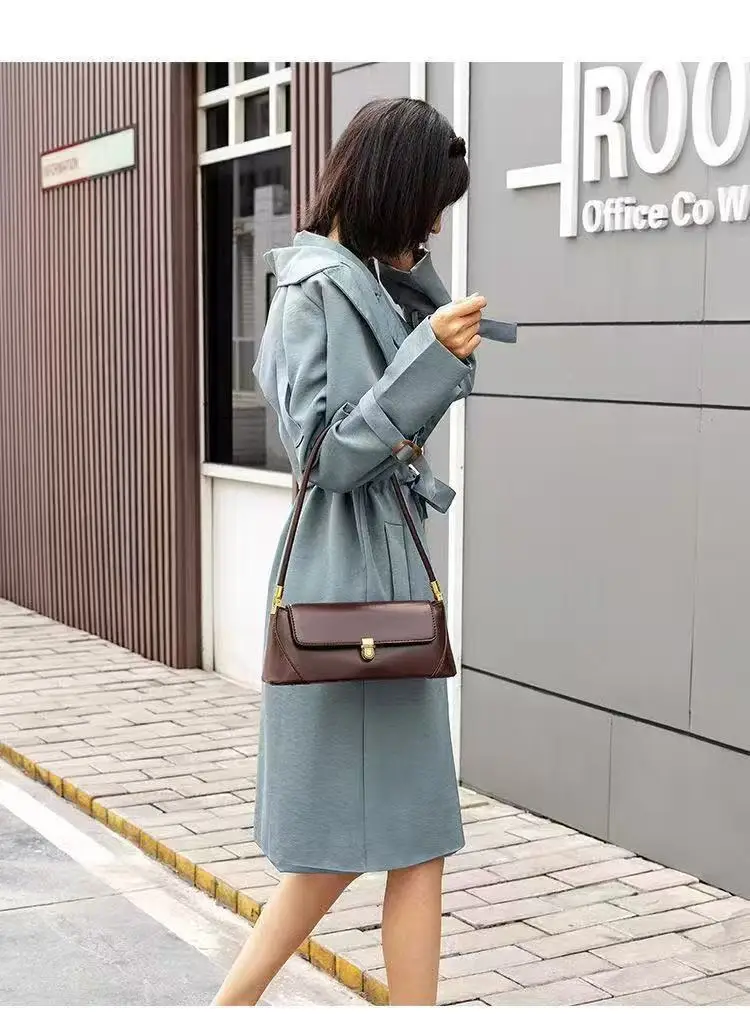 2026 Women's Brown Leather Shoulder Bag with Gold Clasp — feature 1
