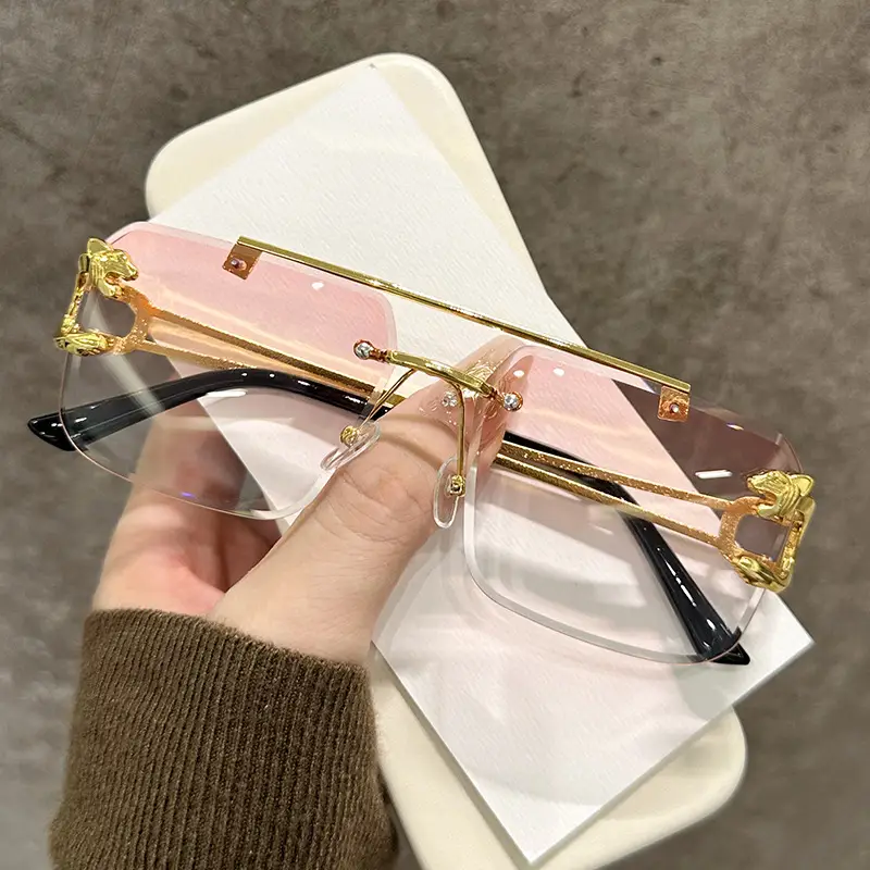 Men Square Rimless Blue Sunglasses European American Fashion - Image 9