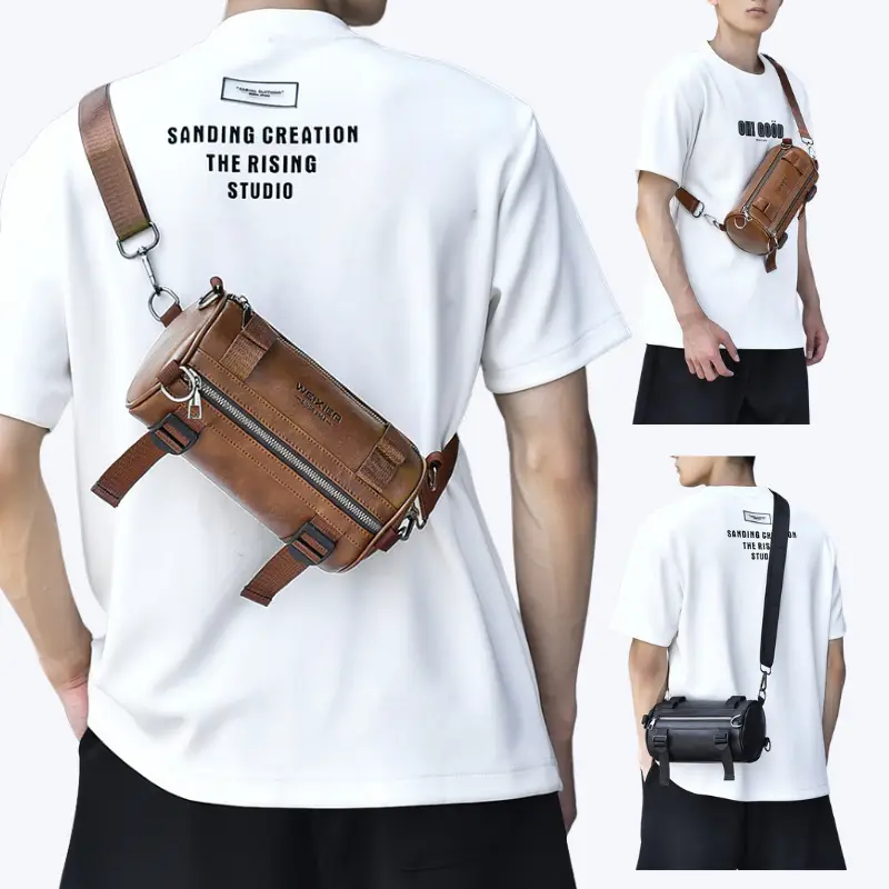 Men's Waterproof Crossbody Bag Brown Leather Large Capacity - Image 4
