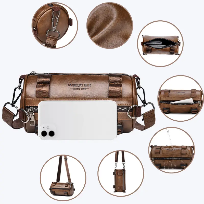 Men's Waterproof Crossbody Bag Brown Leather Large Capacity - Image 6