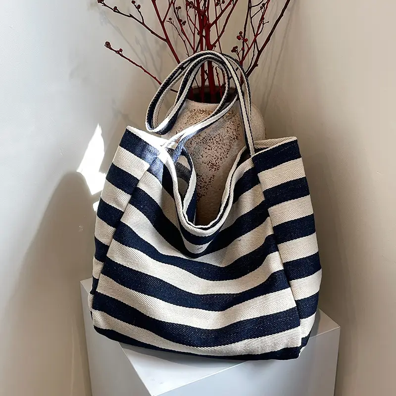 Striped Canvas Shoulder Bag Large Capacity Lazy Style