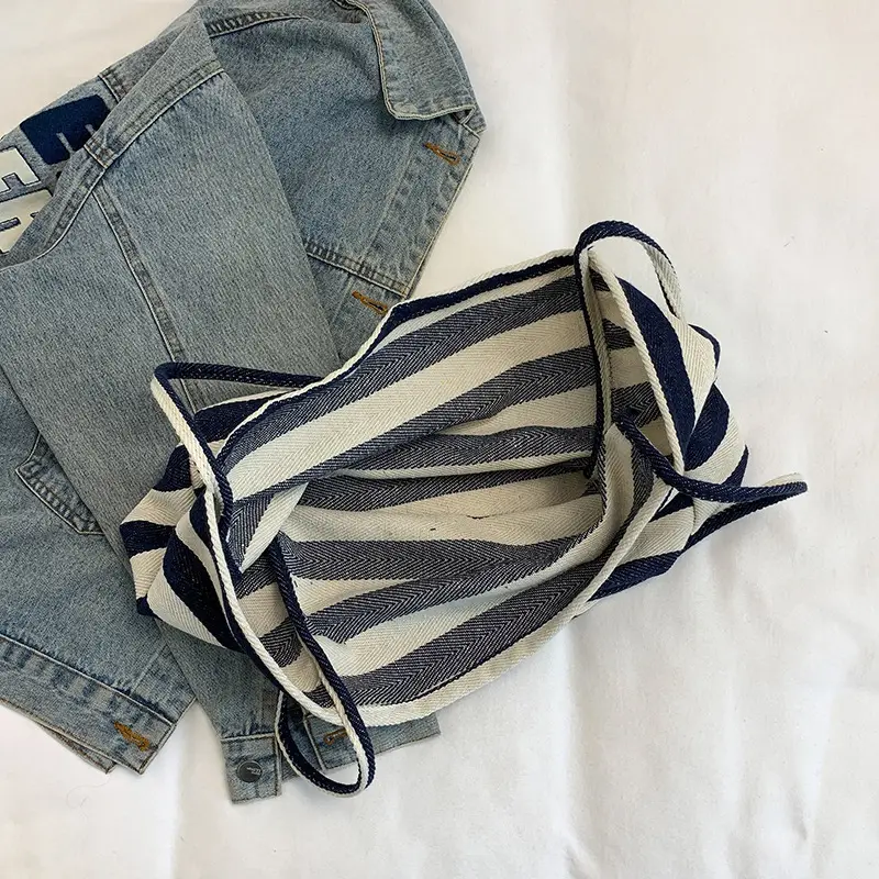 Striped Canvas Shoulder Bag Large Capacity Lazy Style