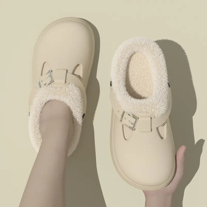 EVA Waterproof Cotton Slippers Women's Winter fleece-lined Indoor Home Warm Cotton Slippers Fashion Net Infrared Wear Birkenneth Shoes - Image 5