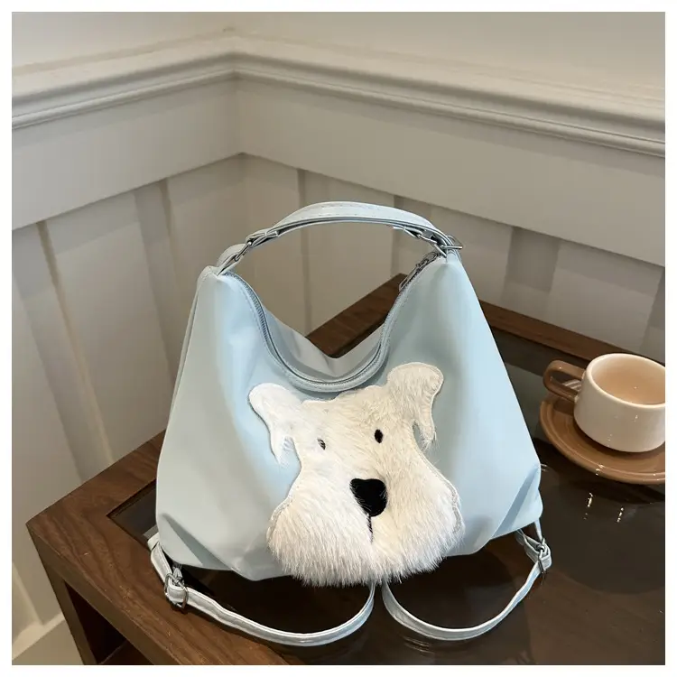 Cute Dog Print Women's Shoulder Bag Light Blue Large Capacity - Image 6