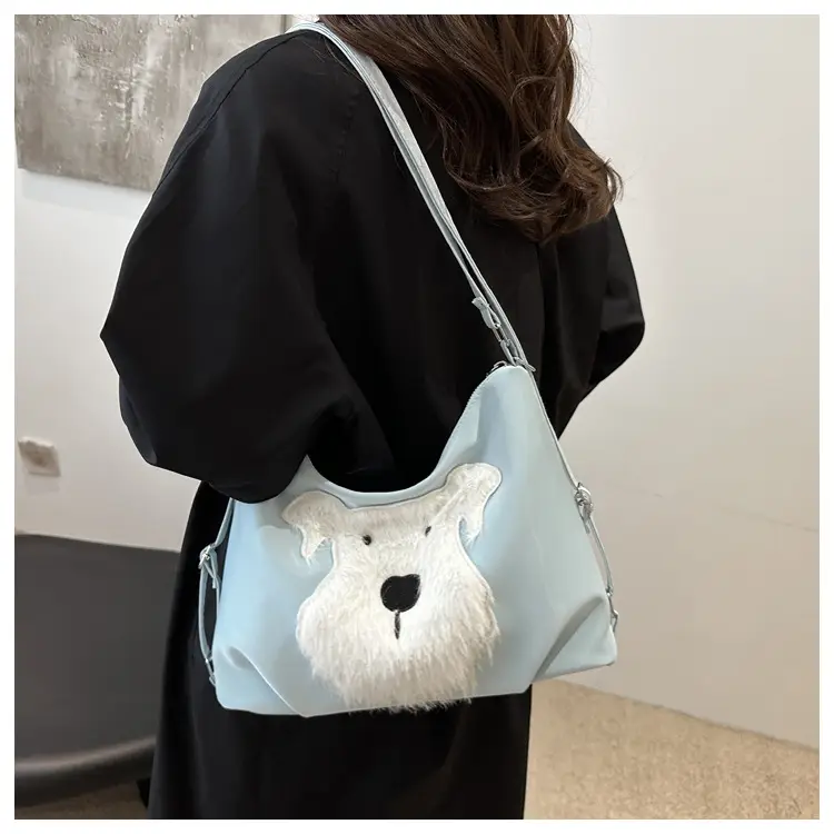 Cute Dog Print Women's Shoulder Bag Light Blue Large Capacity — feature 13