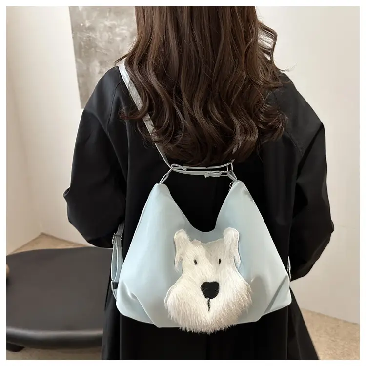 Cute Dog Print Women's Shoulder Bag Light Blue Large Capacity — feature 14