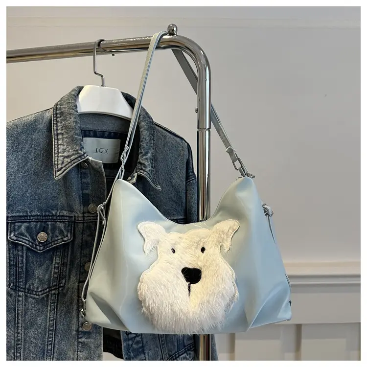 Cute Dog Print Women's Shoulder Bag Light Blue Large Capacity - Image 4
