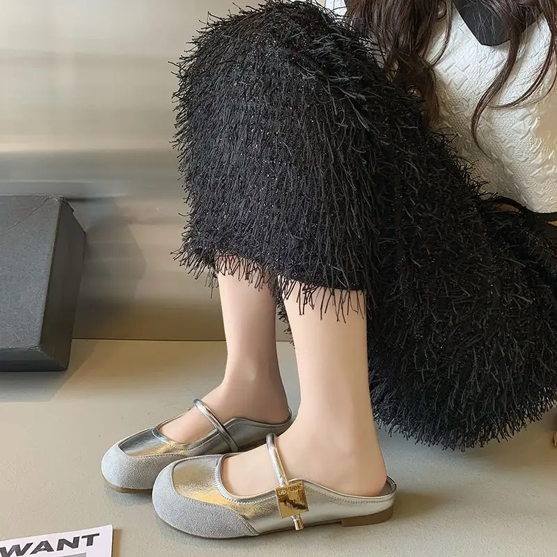 Women Korean Mary Jane Flat Shoes Silver 2024