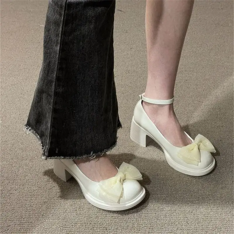 Cute Bow Small Leather Shoes for Women 2025 Spring and Summer New Korean Style Fashion Versatile Thick Heel with Skirt Flats