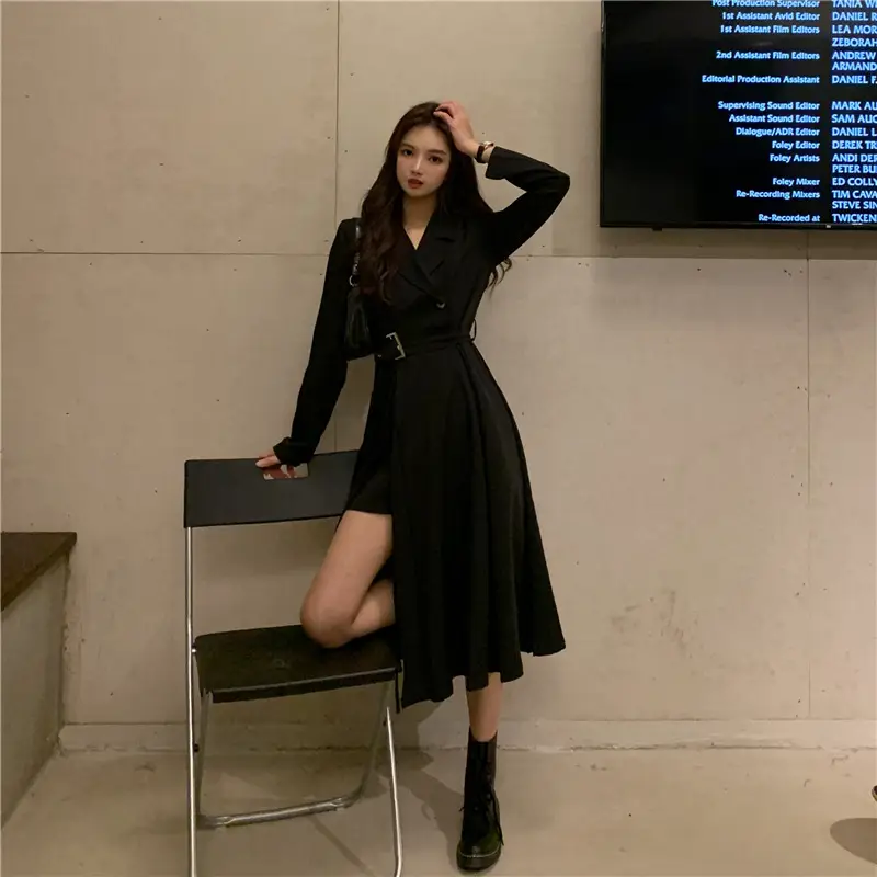 Black French Style Long Sleeve Belted Dress - Image 5