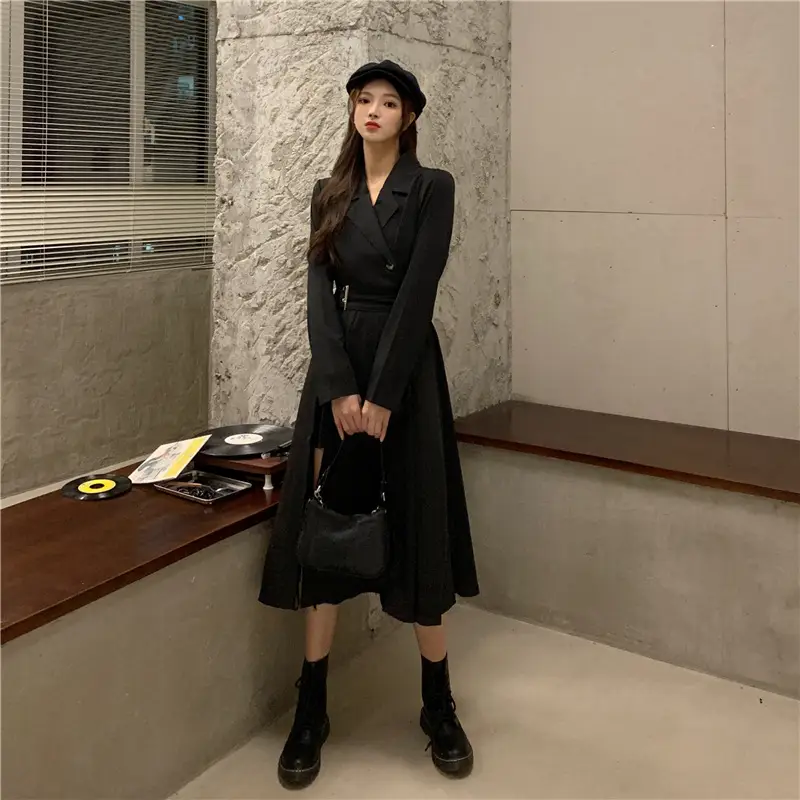 Black French Style Long Sleeve Belted Dress — feature 11