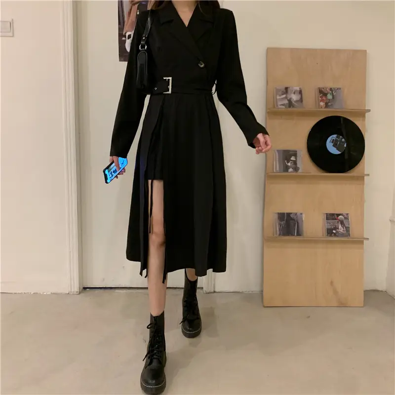 Black French Style Long Sleeve Belted Dress — feature 13