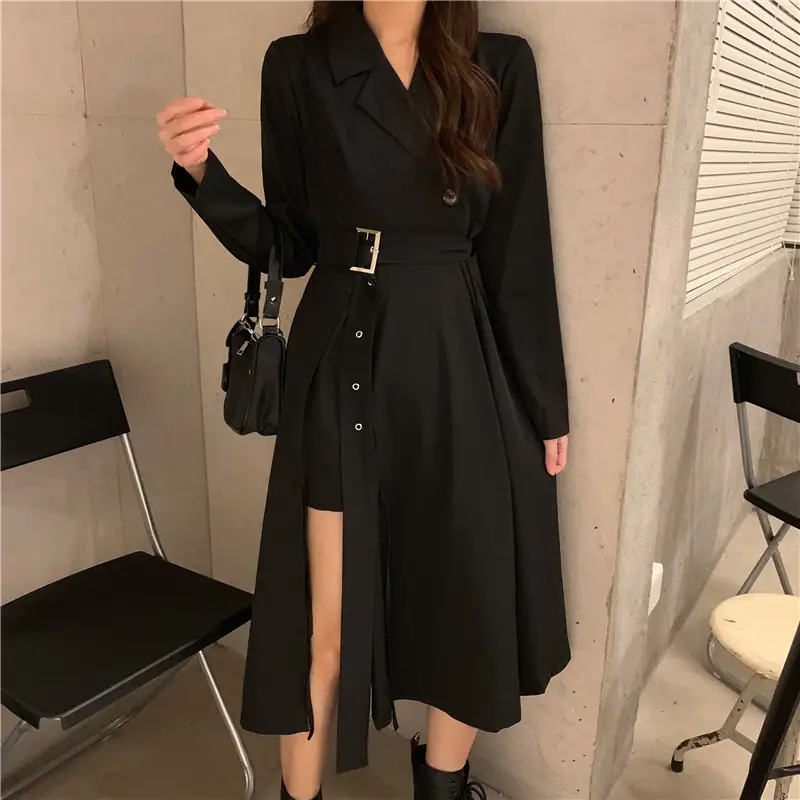 Black French Style Long Sleeve Belted Dress — feature 15