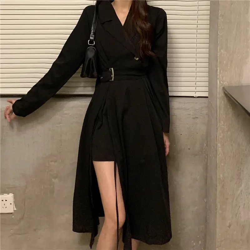 Black French Style Long Sleeve Belted Dress — feature 3