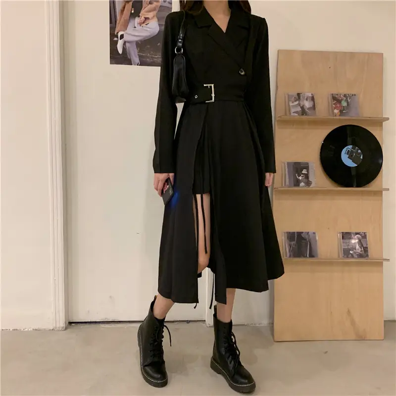 Black French Style Long Sleeve Belted Dress — feature 4