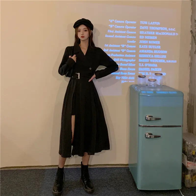 Black French Style Long Sleeve Belted Dress — feature 5
