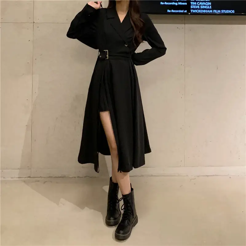 Black French Style Long Sleeve Belted Dress — feature 6