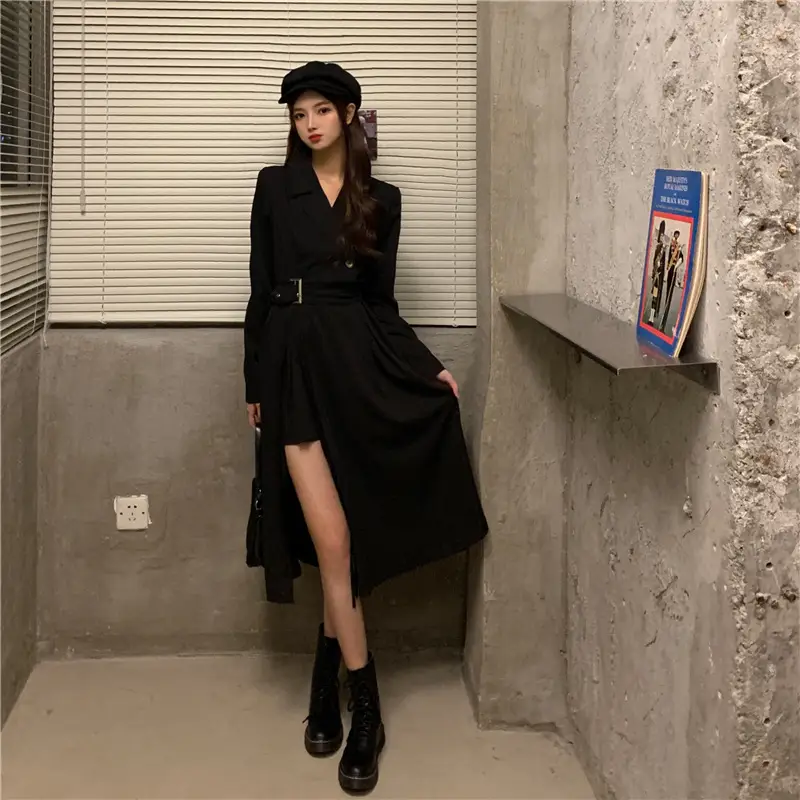 Black French Style Long Sleeve Belted Dress — feature 7