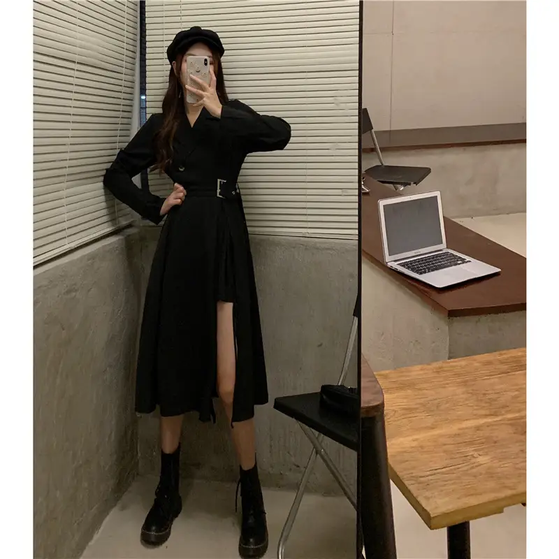 Black French Style Long Sleeve Belted Dress — feature 8