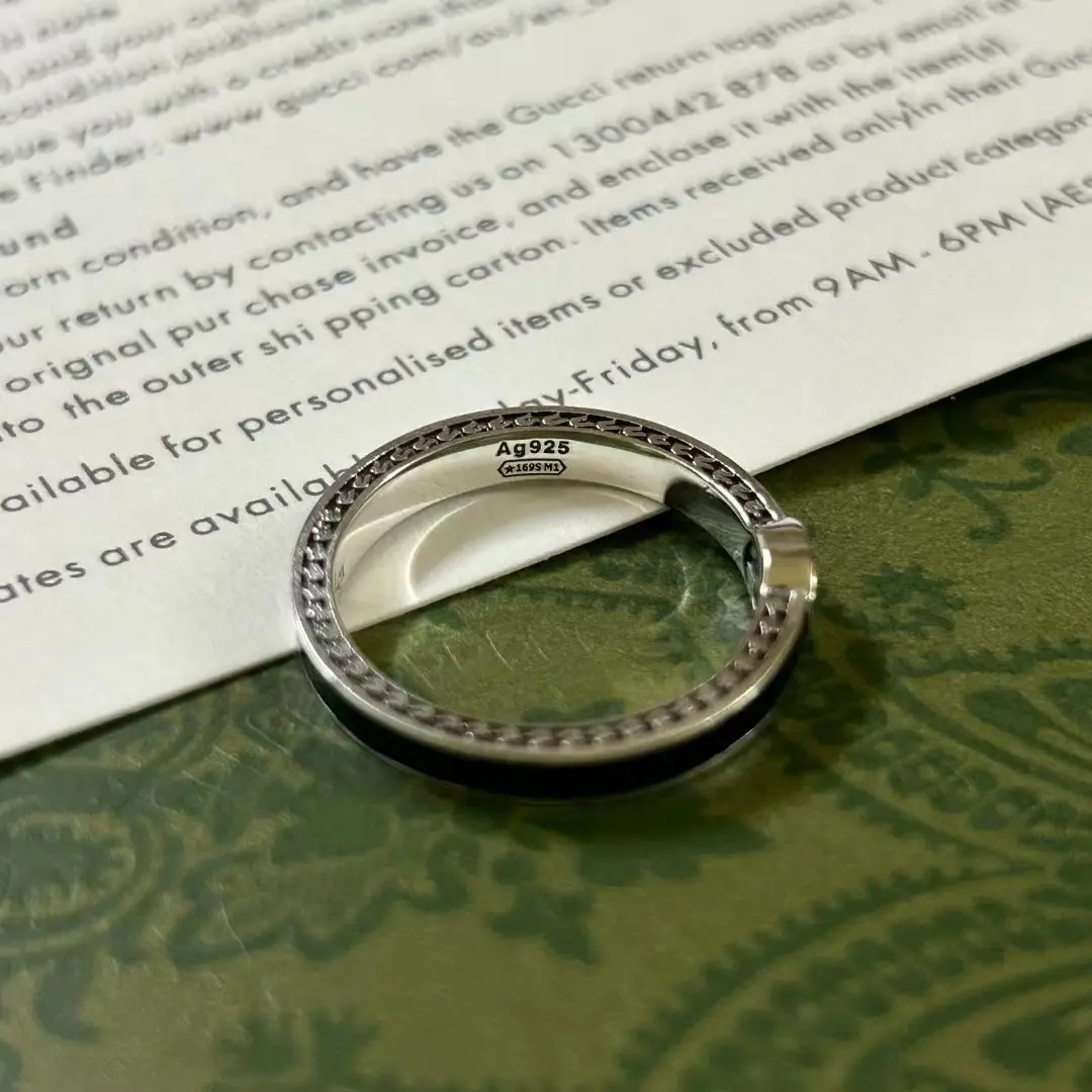 925 Silver Ancient Narrow Ring with Black Enamel Double G - Image 4