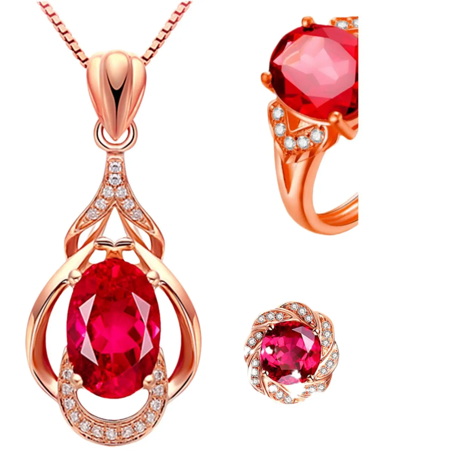 Rose Gold Ruby Diamond Pendant Set with Earrings & Ring - Image 5