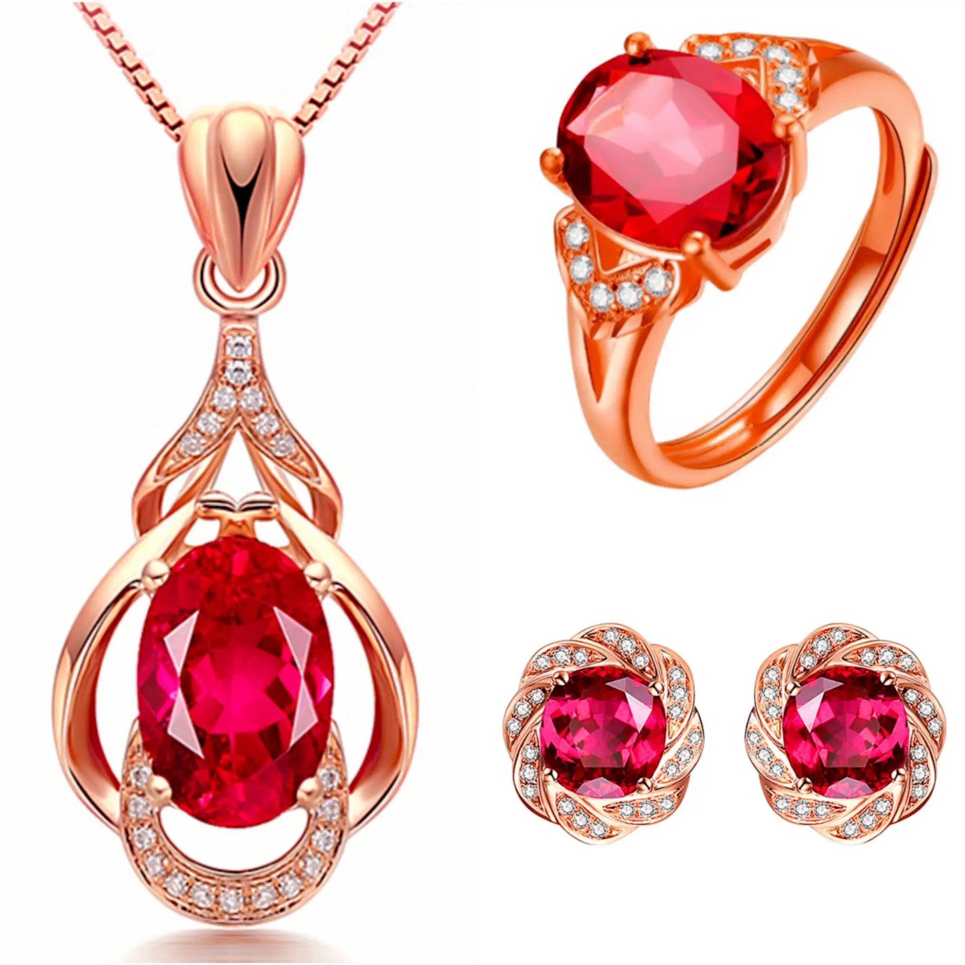 Rose Gold Ruby Diamond Pendant Set with Earrings & Ring — feature 1