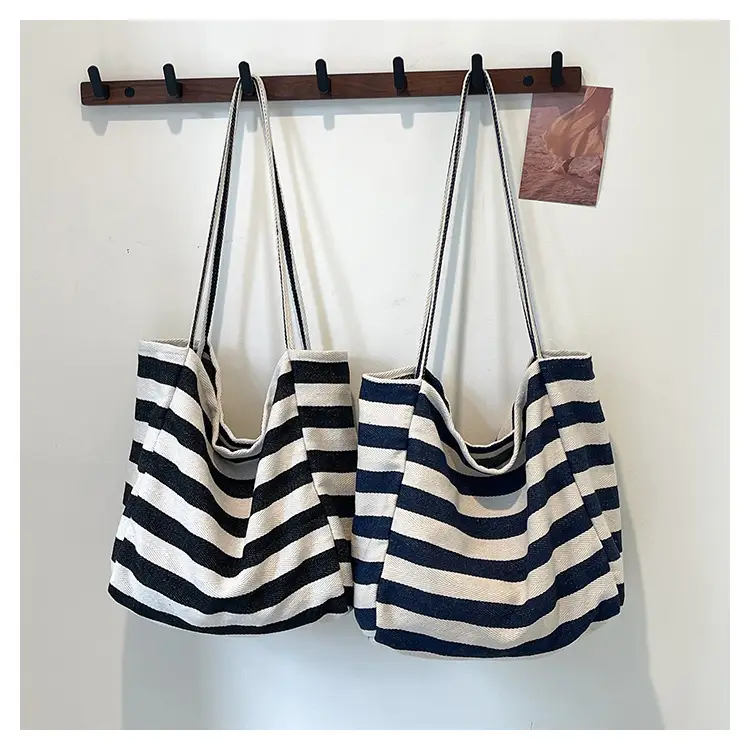 Striped Canvas Tote Bag Large Capacity Shoulder Bag - Image 3