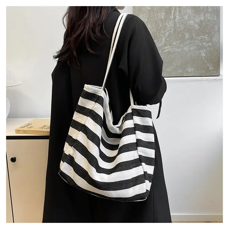 Striped Canvas Tote Bag Large Capacity Shoulder Bag - Image 5