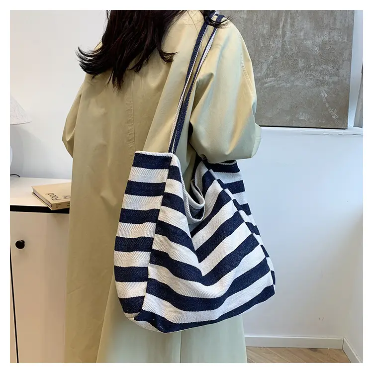 Striped Canvas Tote Bag Large Capacity Shoulder Bag — feature 10