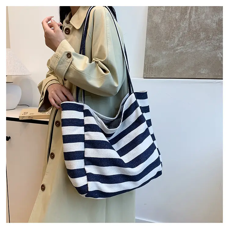 Striped Canvas Tote Bag Large Capacity Shoulder Bag — feature 12