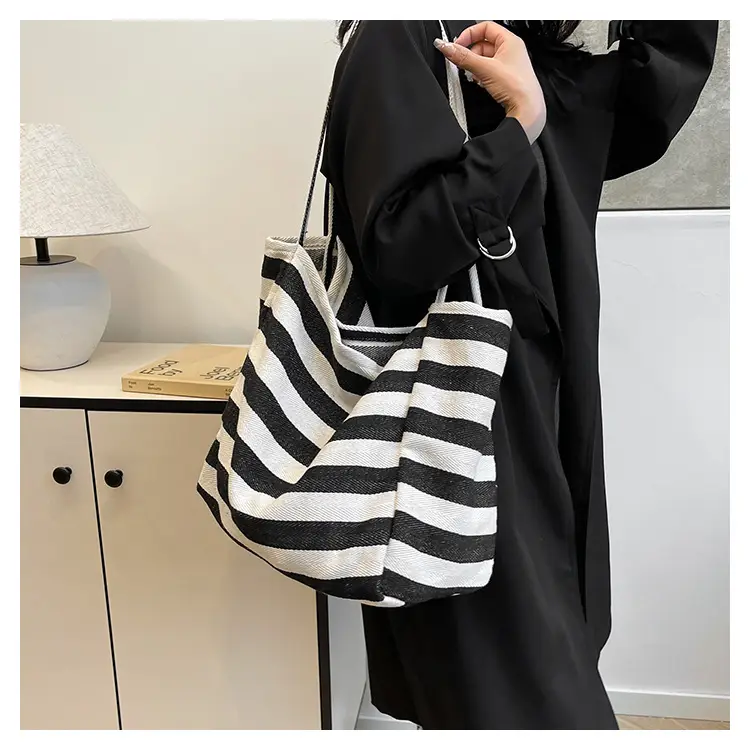 Striped Canvas Tote Bag Large Capacity Shoulder Bag — feature 13