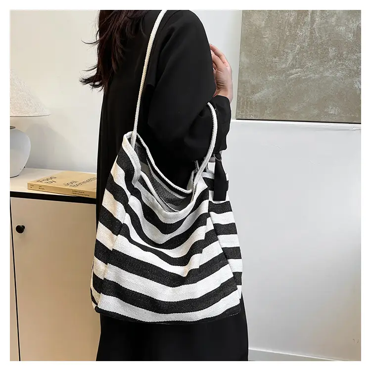 Striped Canvas Tote Bag Large Capacity Shoulder Bag — feature 16