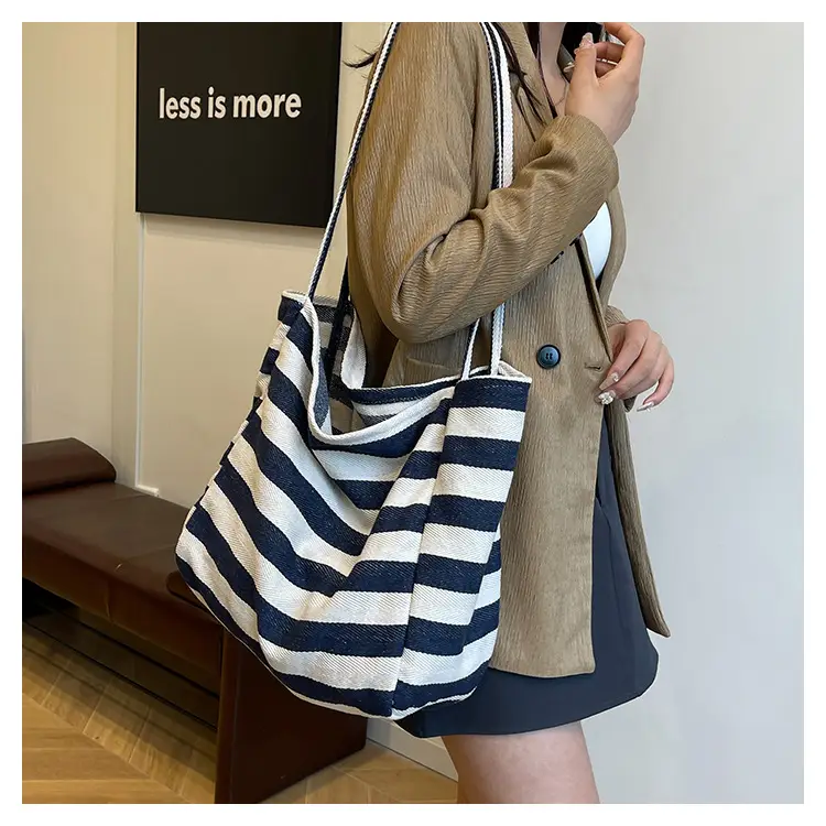 Striped Canvas Tote Bag Large Capacity Shoulder Bag — feature 17