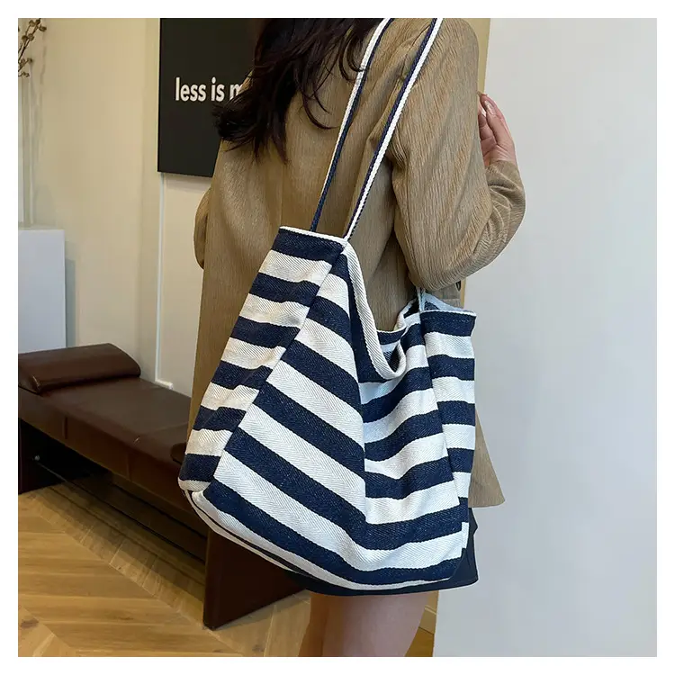 Striped Canvas Tote Bag Large Capacity Shoulder Bag — feature 18
