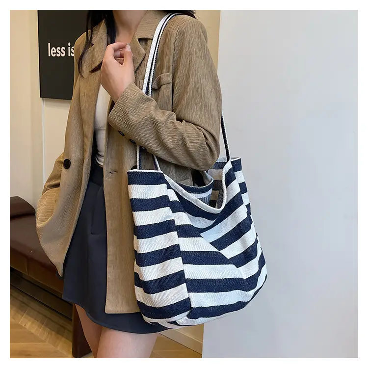 Striped Canvas Tote Bag Large Capacity Shoulder Bag — feature 19