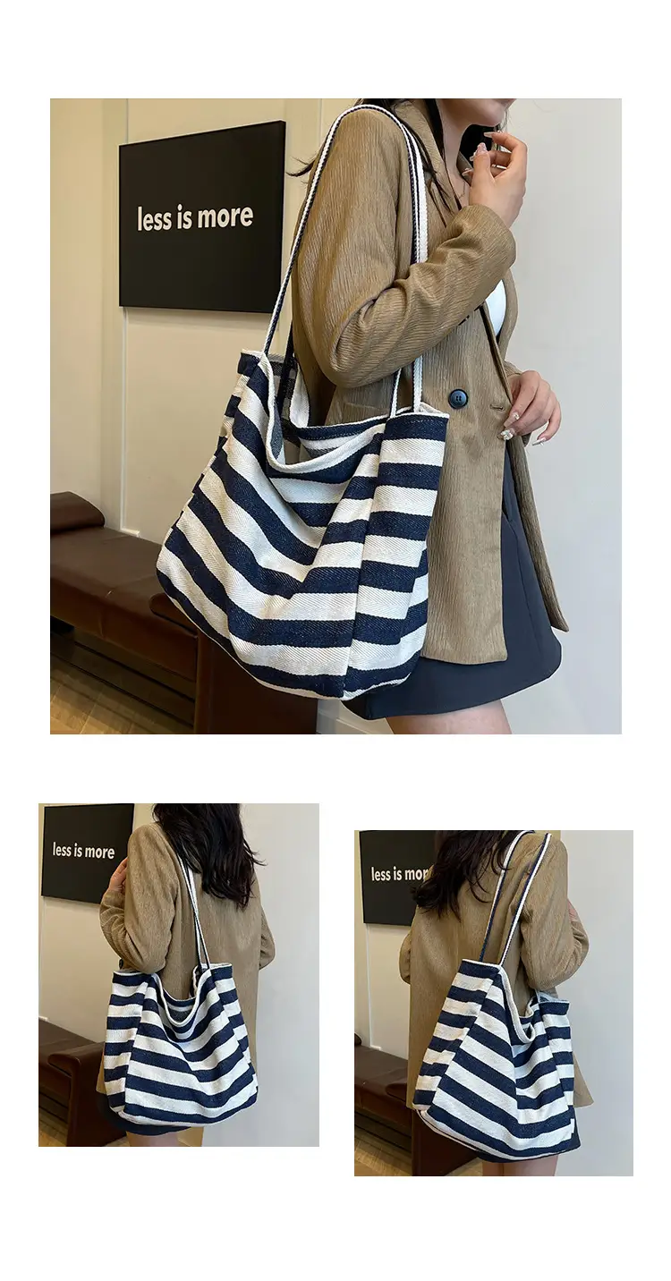 Striped Canvas Tote Bag Large Capacity Shoulder Bag — feature 21