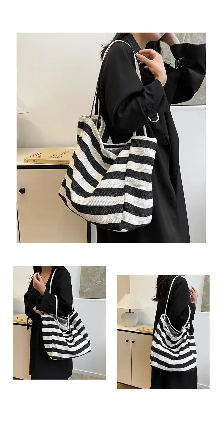 Striped Canvas Tote Bag Large Capacity Shoulder Bag — feature 22