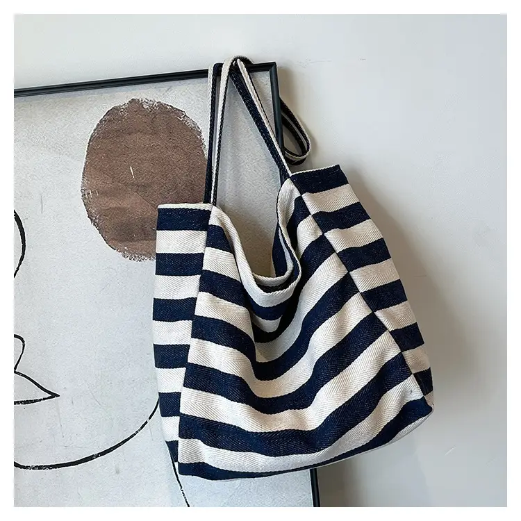 Striped Canvas Tote Bag Large Capacity Shoulder Bag - Image 2