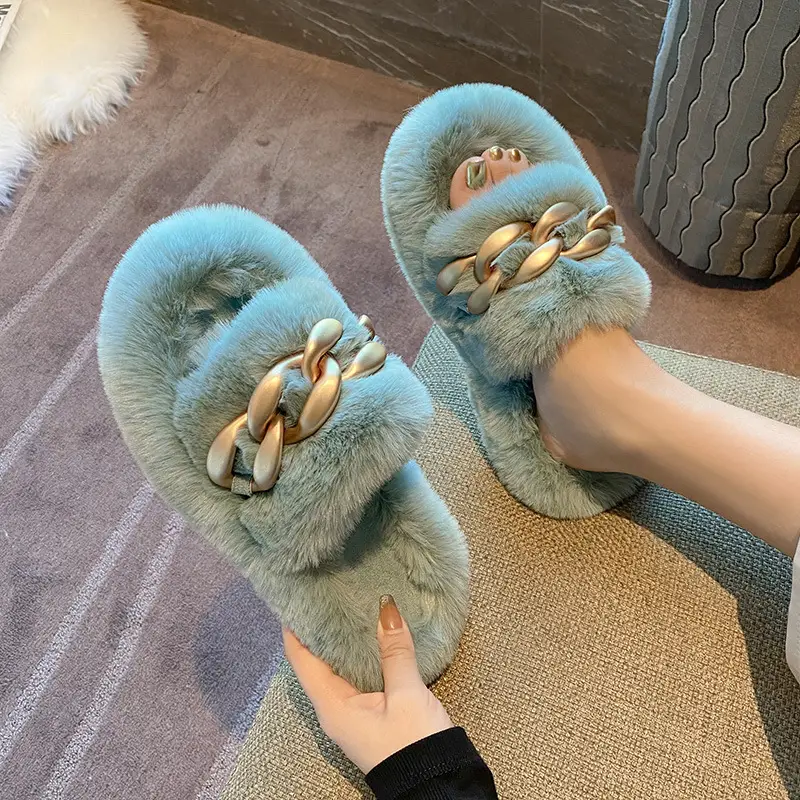 Thick-Soled Furry Slippers for Women, Suitable for Outdoor Wear in Spring and Autumn, Trendy 2026 New Model, Cute Chain Rabbit Fur Home Cotton Slippers - Image 12