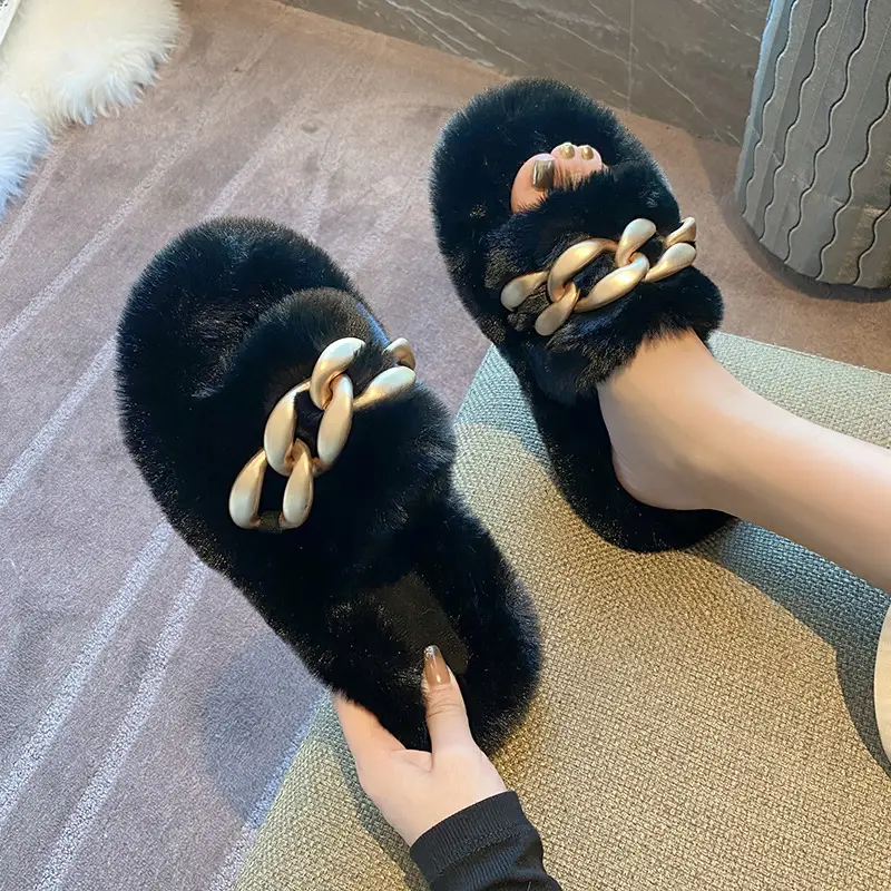 Thick-Soled Furry Slippers for Women, Suitable for Outdoor Wear in Spring and Autumn, Trendy 2026 New Model, Cute Chain Rabbit Fur Home Cotton Slippers - Image 13