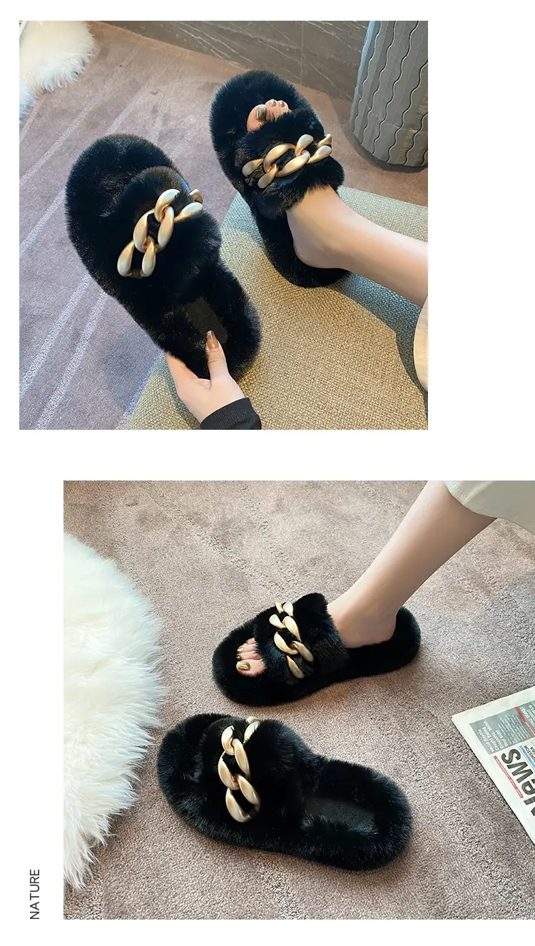 Thick-Soled Furry Slippers for Women, Suitable for Outdoor Wear in Spring and Autumn, Trendy 2026 New Model, Cute Chain Rabbit Fur Home Cotton Slippers — feature 10