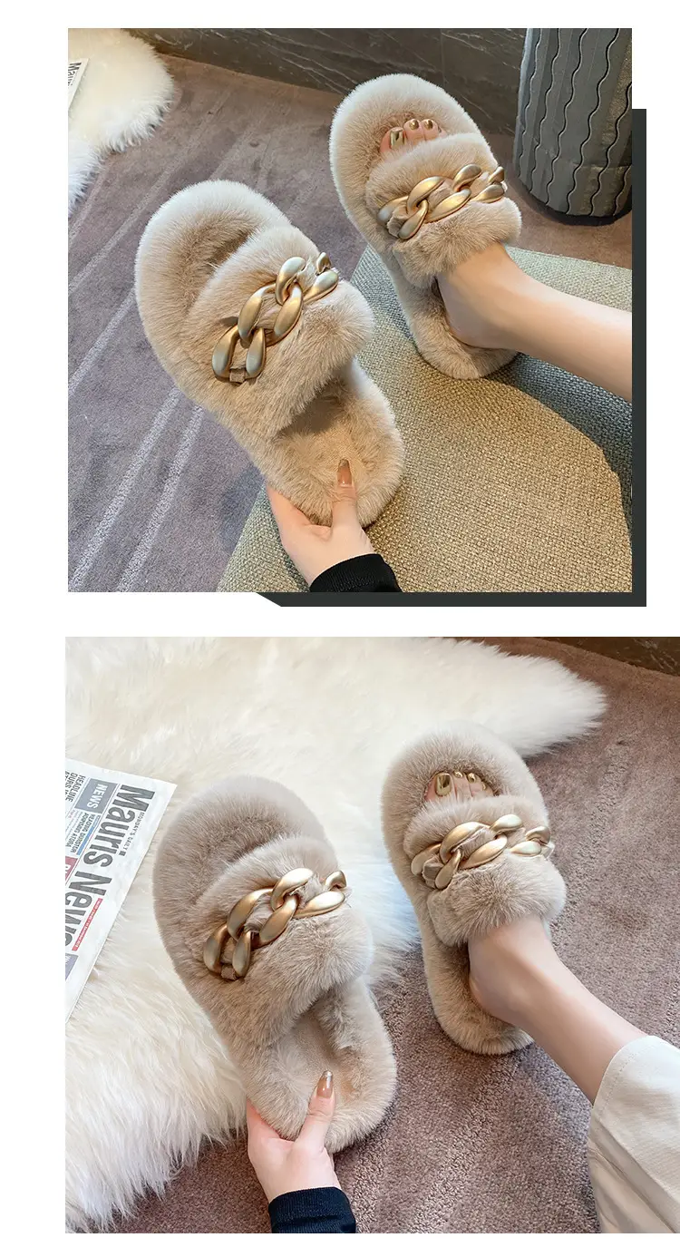 Thick-Soled Furry Slippers for Women, Suitable for Outdoor Wear in Spring and Autumn, Trendy 2026 New Model, Cute Chain Rabbit Fur Home Cotton Slippers — feature 5